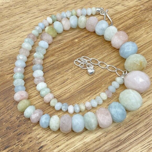 Jay King Aquamarine & Morganite Bead Necklace Pastel Graduated Facetted Rondelle - Picture 10 of 16